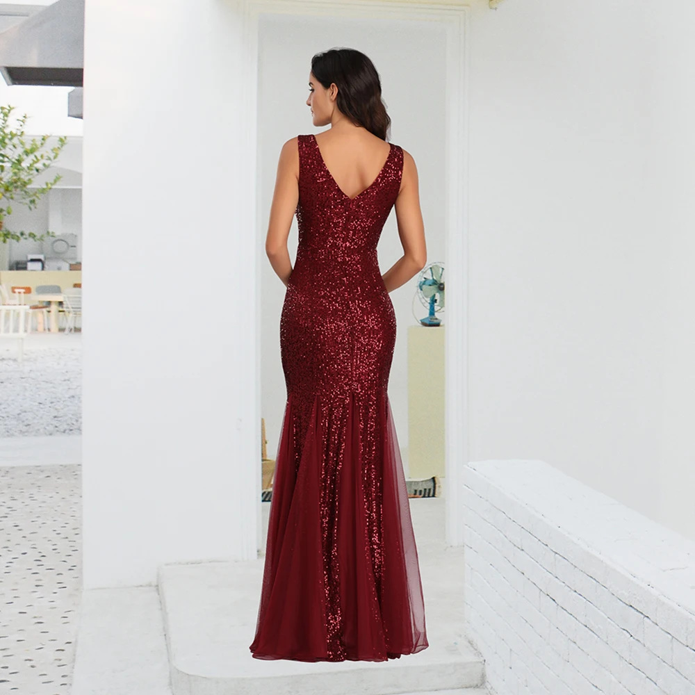 2022 neue Frauen Elegante Doppel V-ausschnitt Cocktail Kleid Sexy Meerjungfrau Pailletten Frauen bodenlangen Party Kleid Sexy Abend Vestido De