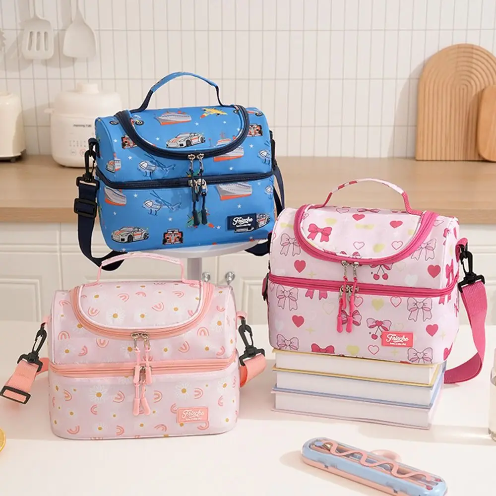 Reusable Double-layer Kids Lunch Bag Leakproof Waterproof Students Cooler Bag Thickened Large Capacity Tote Bag for Toddlers