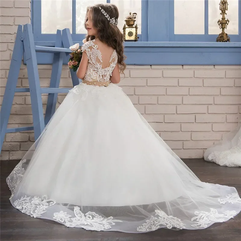 Vestidos da menina de flor rendas apliques florais inchado sem mangas ocasião tule para festa de casamento baile primeira comunhão vestidos