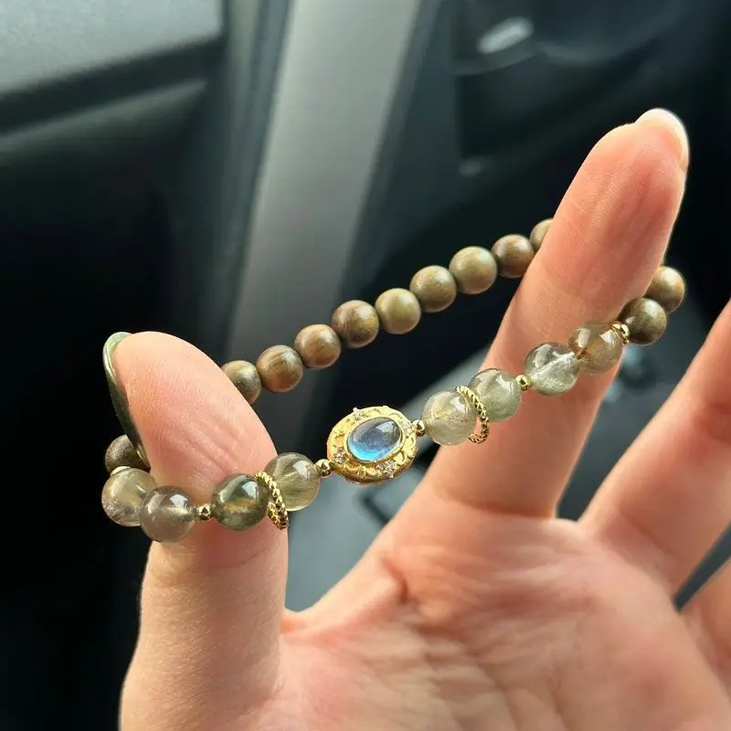 Natural Green Hair Crystal Single Ring Bracelet Women's Green Sandalwood Niche Exquisite Sandalwood Crystal Simple Hand String