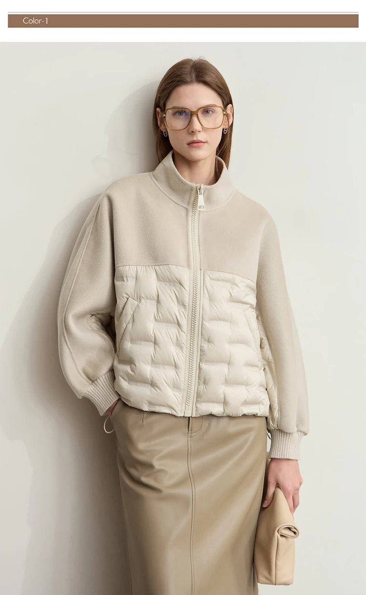 AMII Down Coats 100% Wool Stand Collar Loose Spliced Jackets for Woman 2024 Winter Warm New Casual Versatile Jacket 12454007