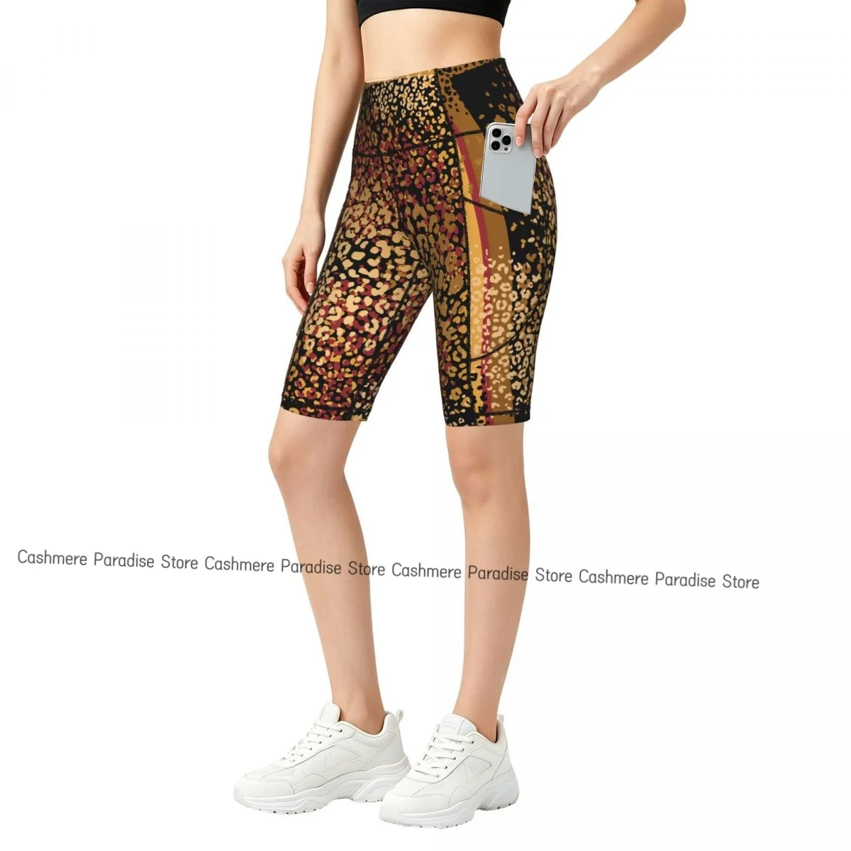 Double Pocket Sports Shorts Women Elastic Slim Leopard Peonies Shorts Gym Exercise Running High Waist Yoga Fitness Shorts