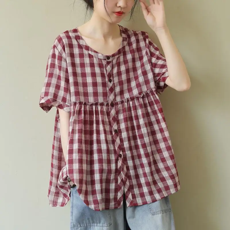 Mode O-hals Knoop Losse Gesplitste Ruches Geruite Shirts Dameskleding 2024 Zomer Nieuwe Oversized Casual Tops All-Match Blouses