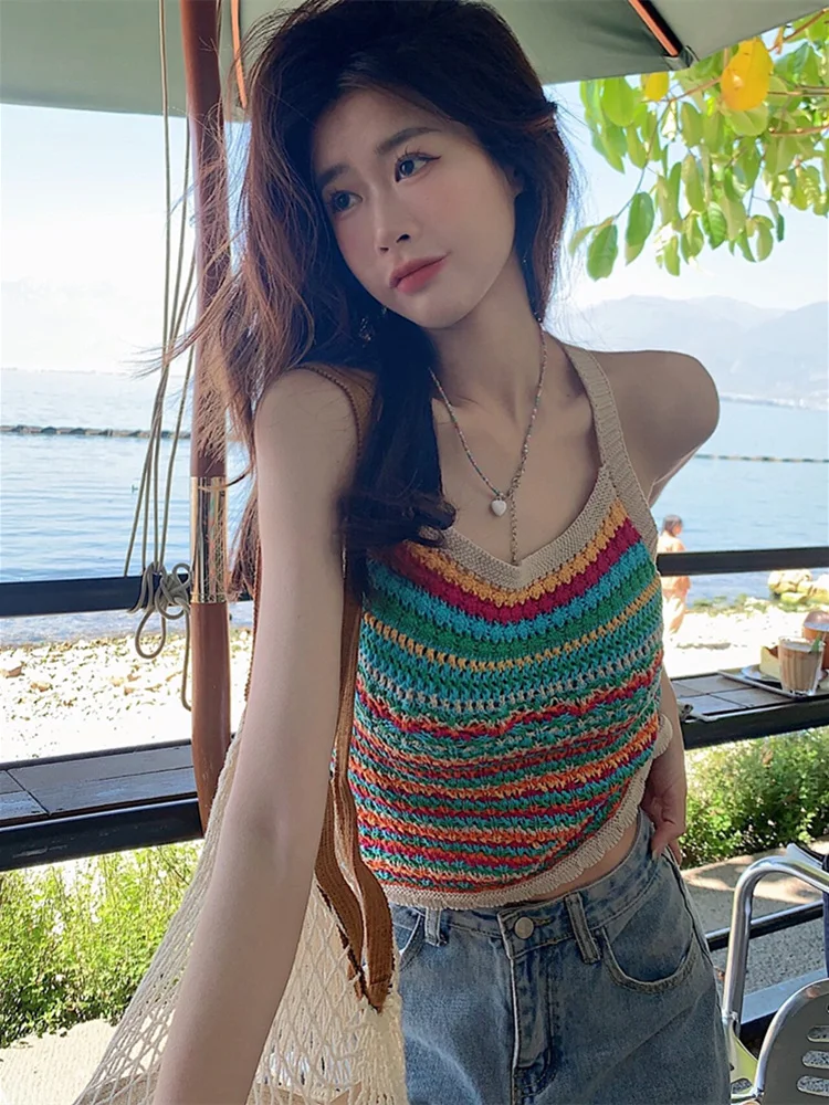 Sleeveless Striped Knitted Colorful Crop Tops Summer Casual Slim Vest Designed New Holiday Beach Chic Tank Top Women