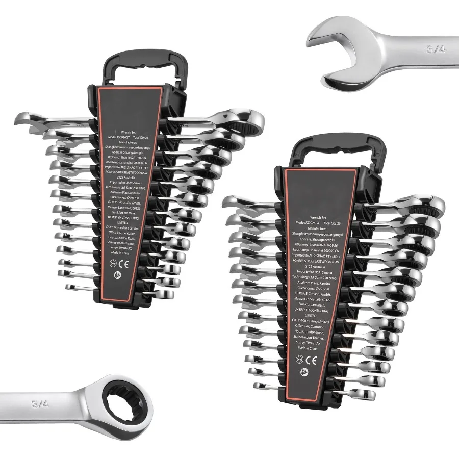 

26-Piece SAE and Metric Ratcheting Wrench Set in Silver, 72-Tooth Cr-V Steel with Open-End Design, Clear Size Markings, Ideal f