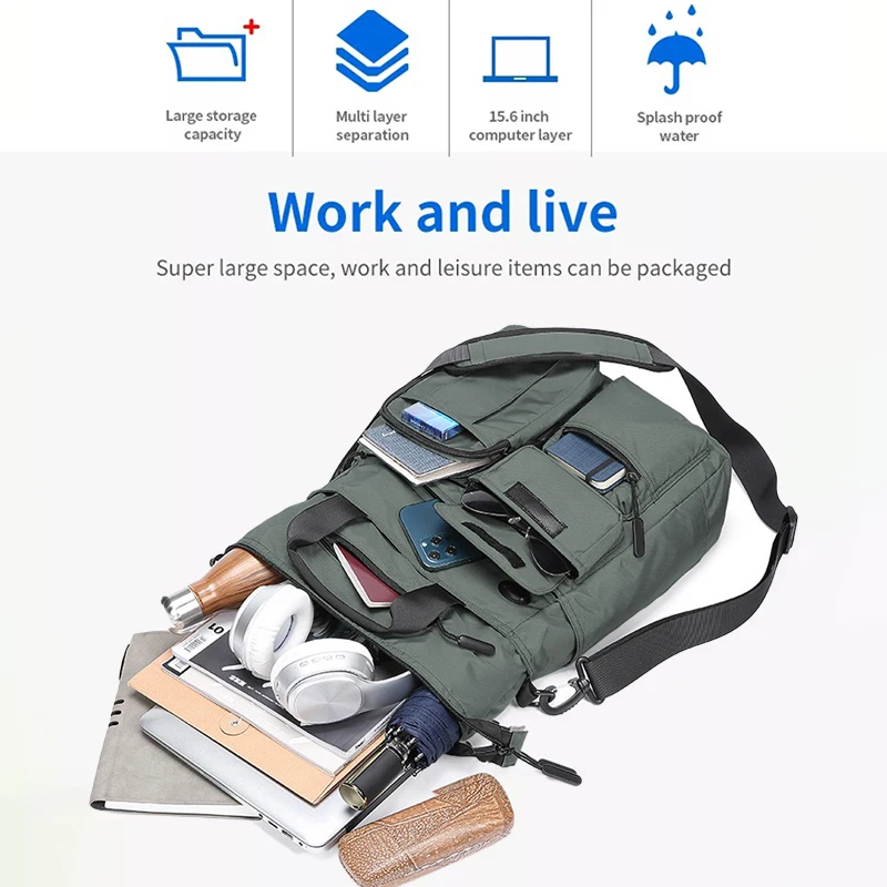 SWISS-Bolsa de mensajero con carga USB para hombre, bolso de mano impermeable con cremallera, bolso cruzado informal multifuncional, maletín de trabajo