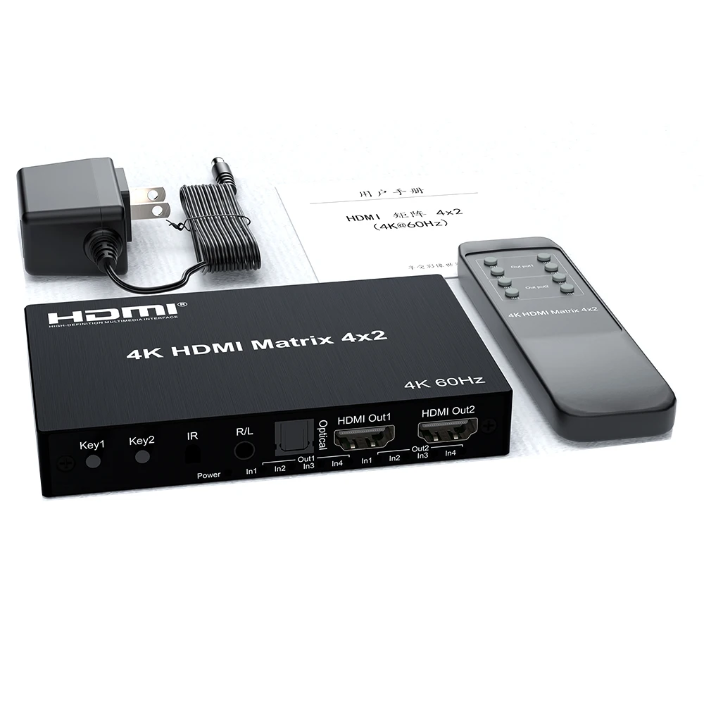 HD 4K 60Hz HDMI Matrix 4x2 HDMI 2.0 Switch Splitter 4 In 2 Out EDID IR 3D Audio Video Converter PC To TV Projector Dual Display