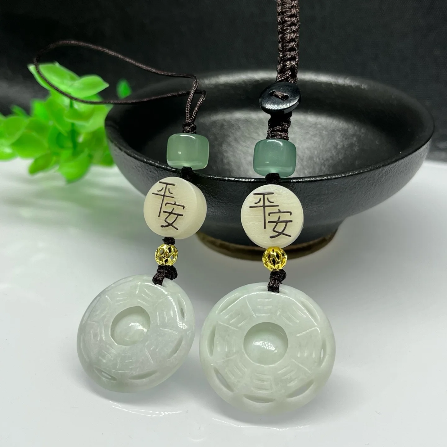 

Natural Burmese Jadeite Hollow Bagua Keychain Phone Rope Pendant Jade Jewelry Charms Drop Shipping