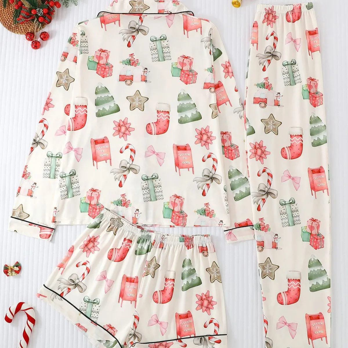 White Christmas Tree Sock Printed Pajamas Set Women Lapel Long Sleeve Top Shorts Trousers Three Piece Sleepwear Suits 2
