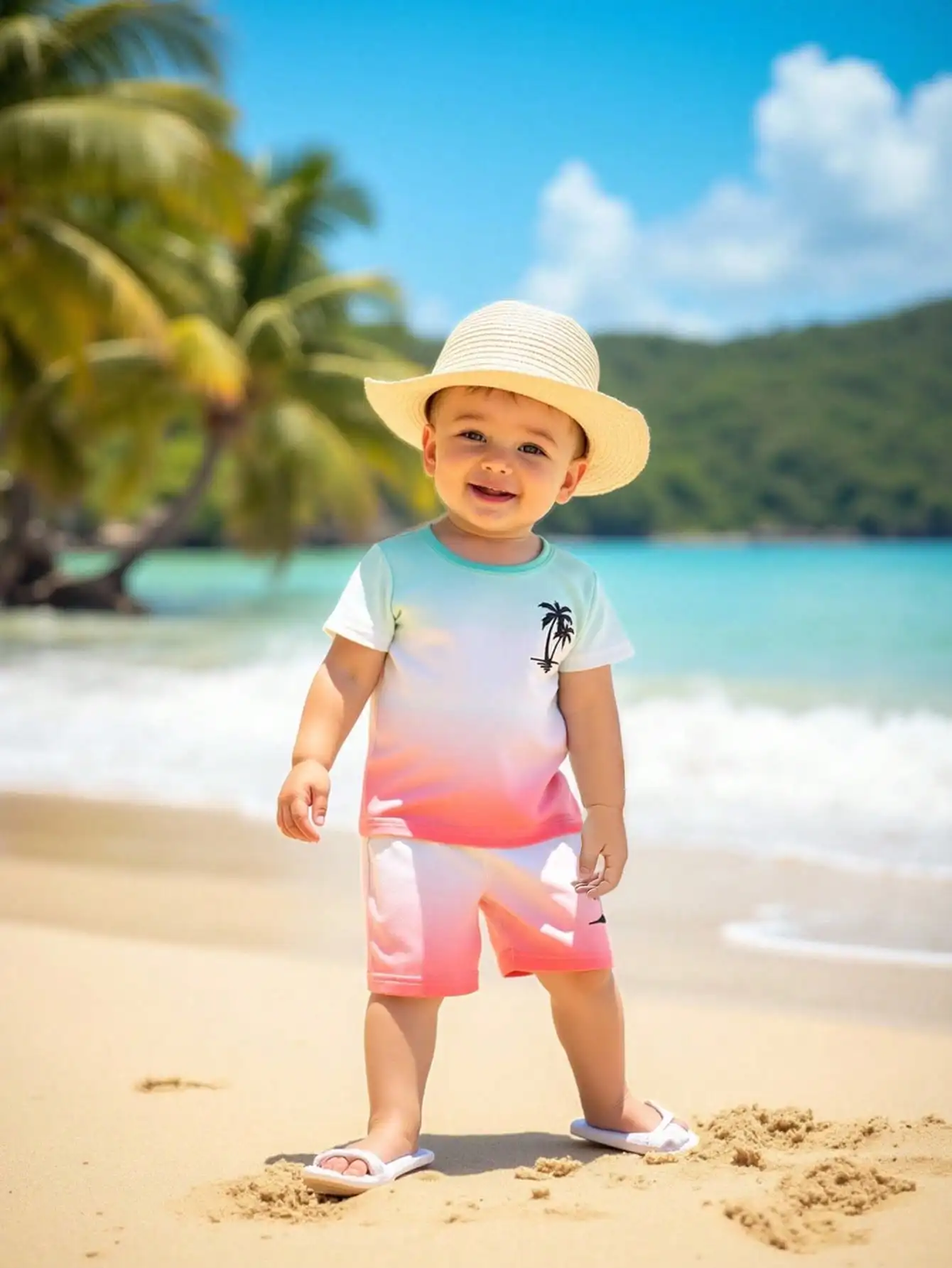 

Summer Baby Boy Casual Gradient Color Short-Sleeved T-Shirt Summer Boy Beach Vacation Style Coconut Tree Print T-Shirt