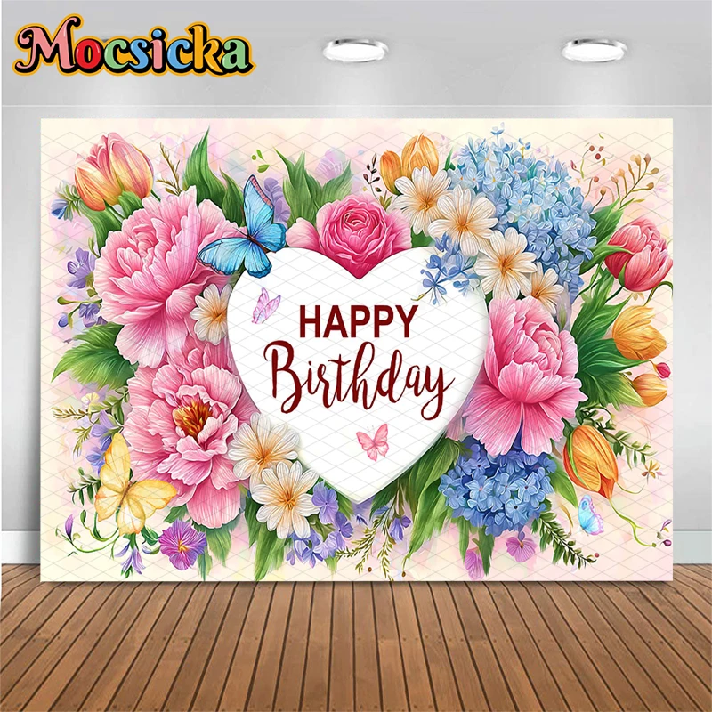 Mocsicka Happy Birthday Backdrop Pink Rose Peony Mixed Wedding Floral Butterfly White Heart Women Baby Kids Shooting Backgrounds