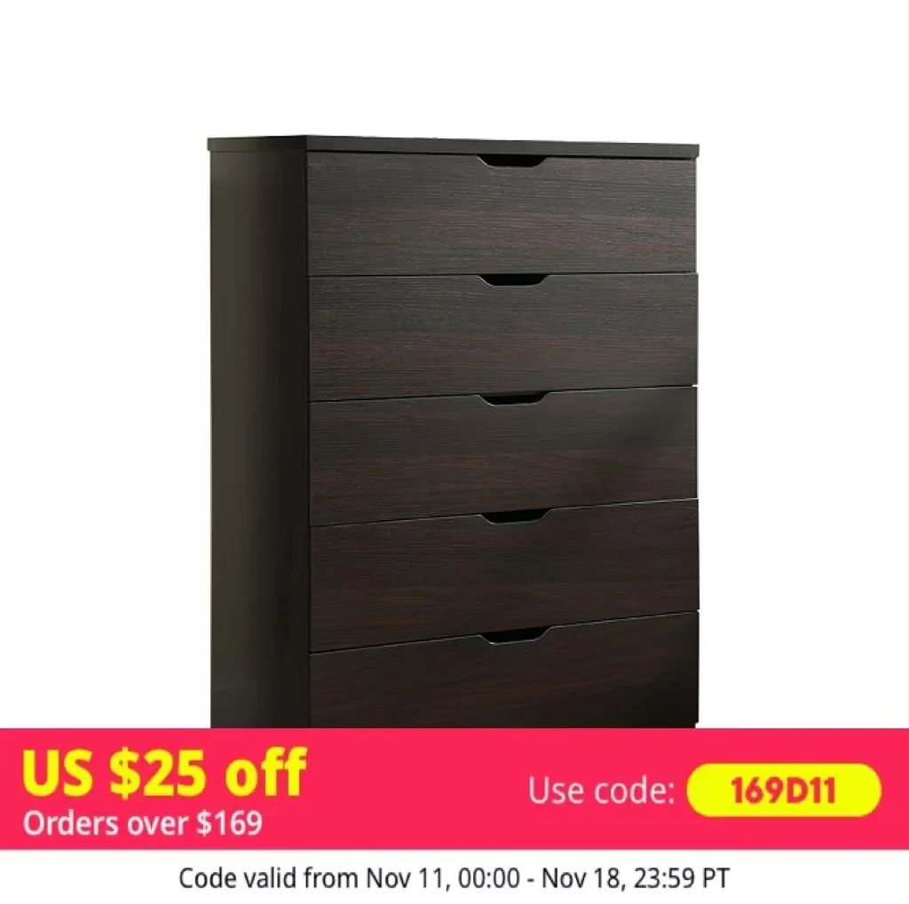 Five drawer clothes and storage chest cabinet in red cocoa chocolate faux wood grain and metal glides