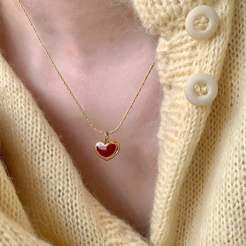 Red Heart Pendant Necklace Gold Color Stainless Steel Chain Necklace on The Neck Love Necklaces for Women Party Jewelry Gift