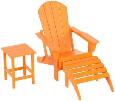 Malibu Outdoor Lounge Chairs, 3-Pieces Adirondack Chair Set with Ottoman and Side Table, All Weather Poly Lumber Patio