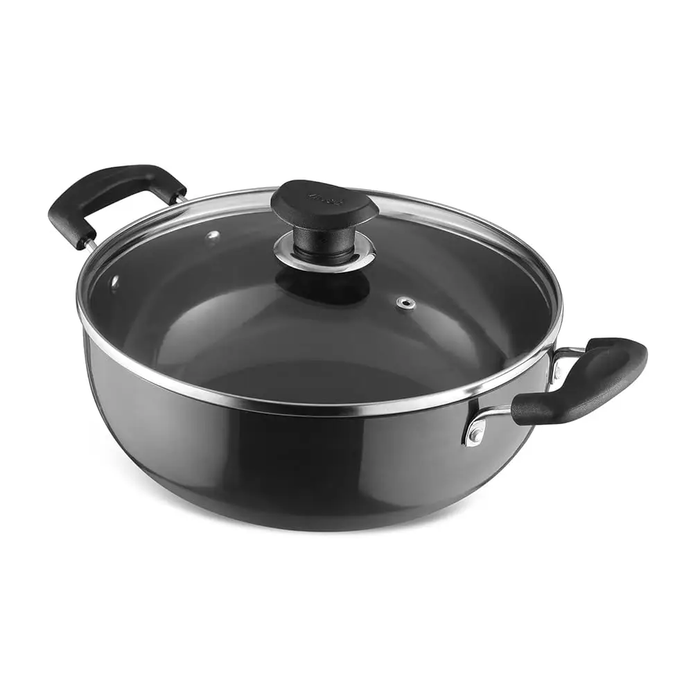 Cookware Hard Anodised Induction Friendly Kadai With Glass Lid Black 3.1 Litres