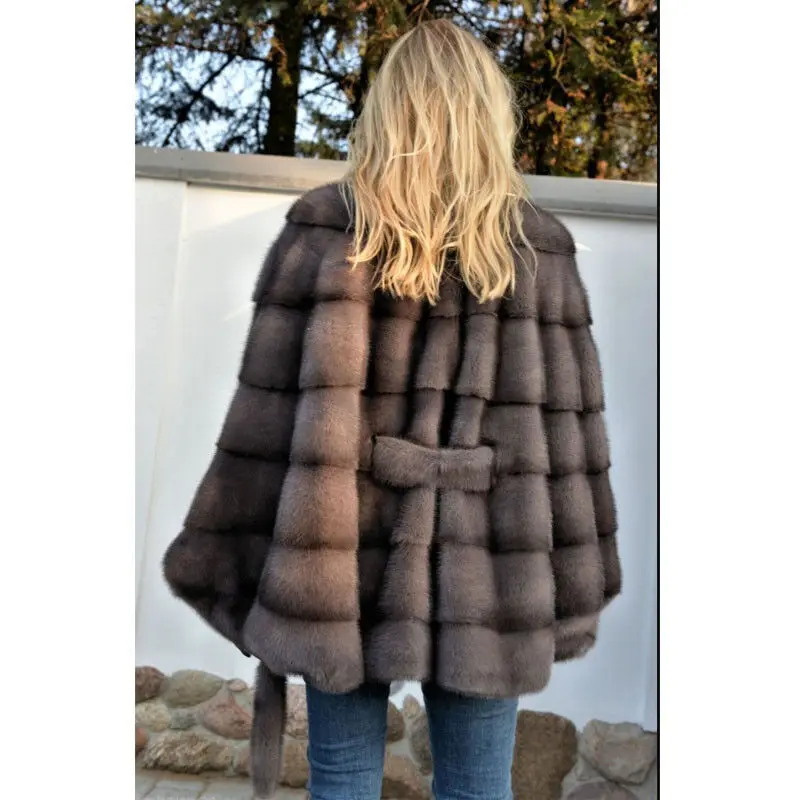 Women Real Fur Poncho Cape Waist Belted Natural Whole Skin Mink Fur Coat Warm Jacket Luxury Winter Genuine Fur Overcoat