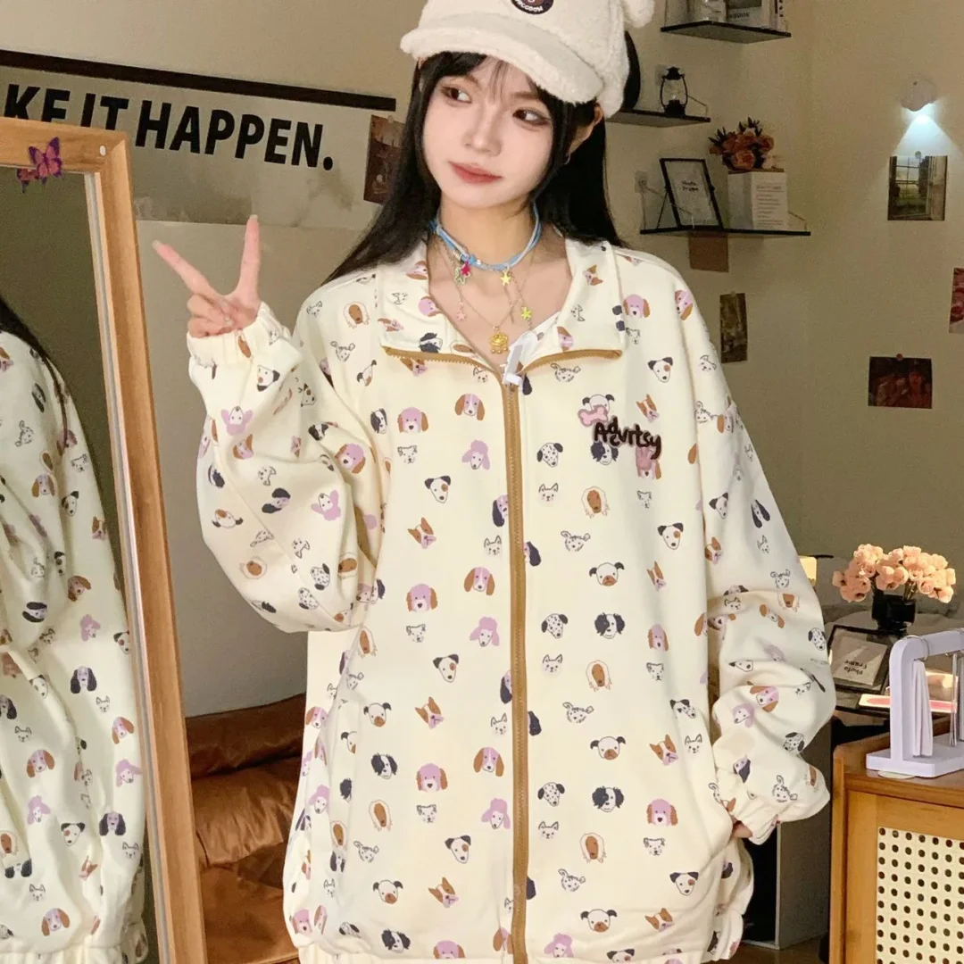 American Cartoon Cute Puppy Full Printed Pattern Jacket Hip Hop Funny Zipper Loose Oversized Turndown Collar Coat Harajuku Teens