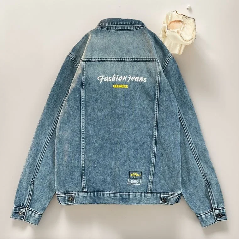 

Синяя джинсовая куртка в стиле ретро для мужчин, приталенная, универсальная, в американском стиле, из смесового полиэстера и хлопка, верхняя одежда