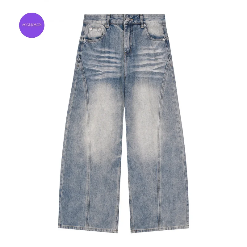 ACOMOSON Luxury Quality EU US Size 420G Street Jean Pants Deconstruct Curved-Leg Casual Holiday Travel Loose-Fit Denim Pants