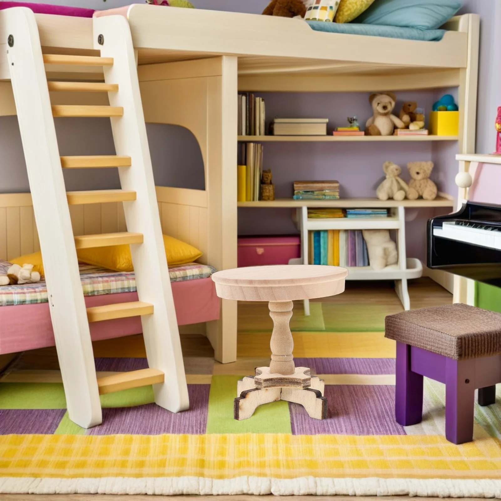 Móveis em miniatura para casa de bonecas, 2 peças, madeira natural, escala 1:12, mesa de centro redonda, mesa de chá, acessório para sala de estar, móveis minúsculos