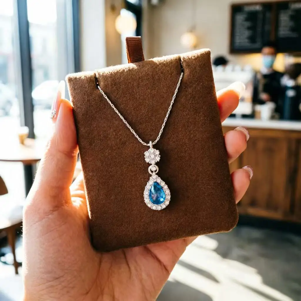 Luxurious Cheap Party Wedding Jewelry Silver Color Pink Sapphire Blue Tormaline Teardrop Pendant Solitaire Shining Necklaces