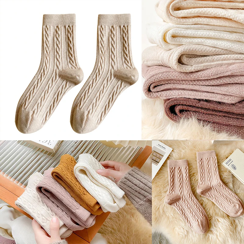 5 Pairs Cashmere Wool Socks Women\'s Winter Thicken Warm Black White Set Thermal Sock Japanese Style Simple Solid Color Socks