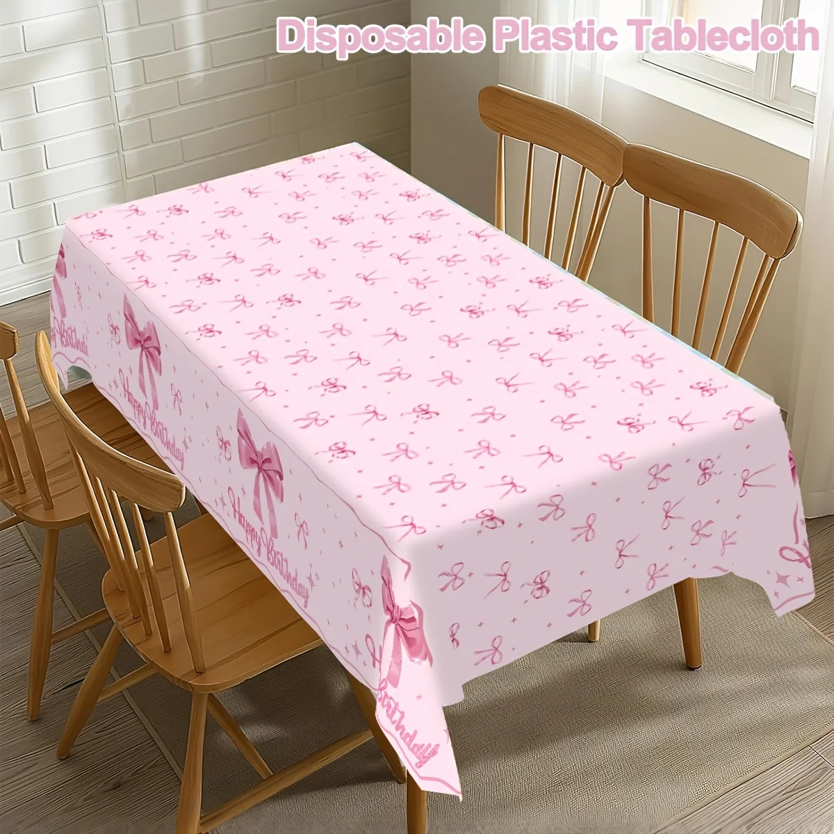 1pc Pink Bow Birthday Table Cover | 86.61*51.18 inch Disposable Plastic Party Tablecloth with Festive Holiday Designs, Ideal for