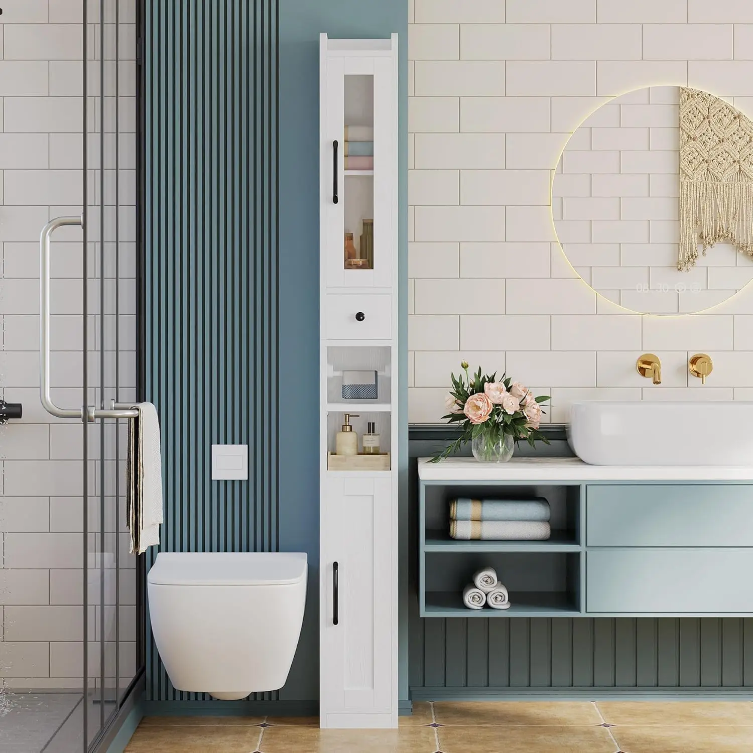 

Tall Bathroom Cabinet with Drawer and Door, 71" H Slim Freestanding Narrow Storage Cabinet with Adjustable Shelves