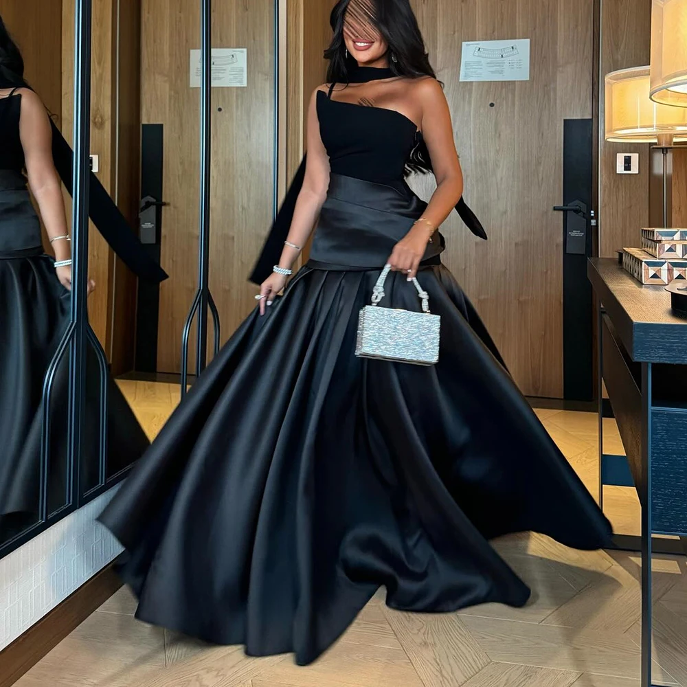 

Temperament One Shoulder Pleats Ribbons Evening Dresses Elegant A-Line Strapless Satin Black Party Gowns فساتين سهره نسائيه فخمة