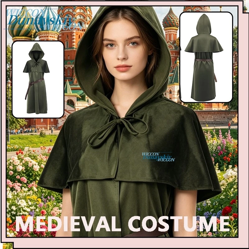 

New Medieval Hooded Waist-cinched Cloak Cosplay Costume Retro Cloak With Renaissance Belt Halloween Party Role Play Outfit