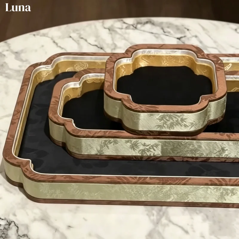Brocade Wood Jewelry Tray Set, Multi-Size Viewing Dish for Hand String Pendant & Beads, Eid Mubarak Display Prop