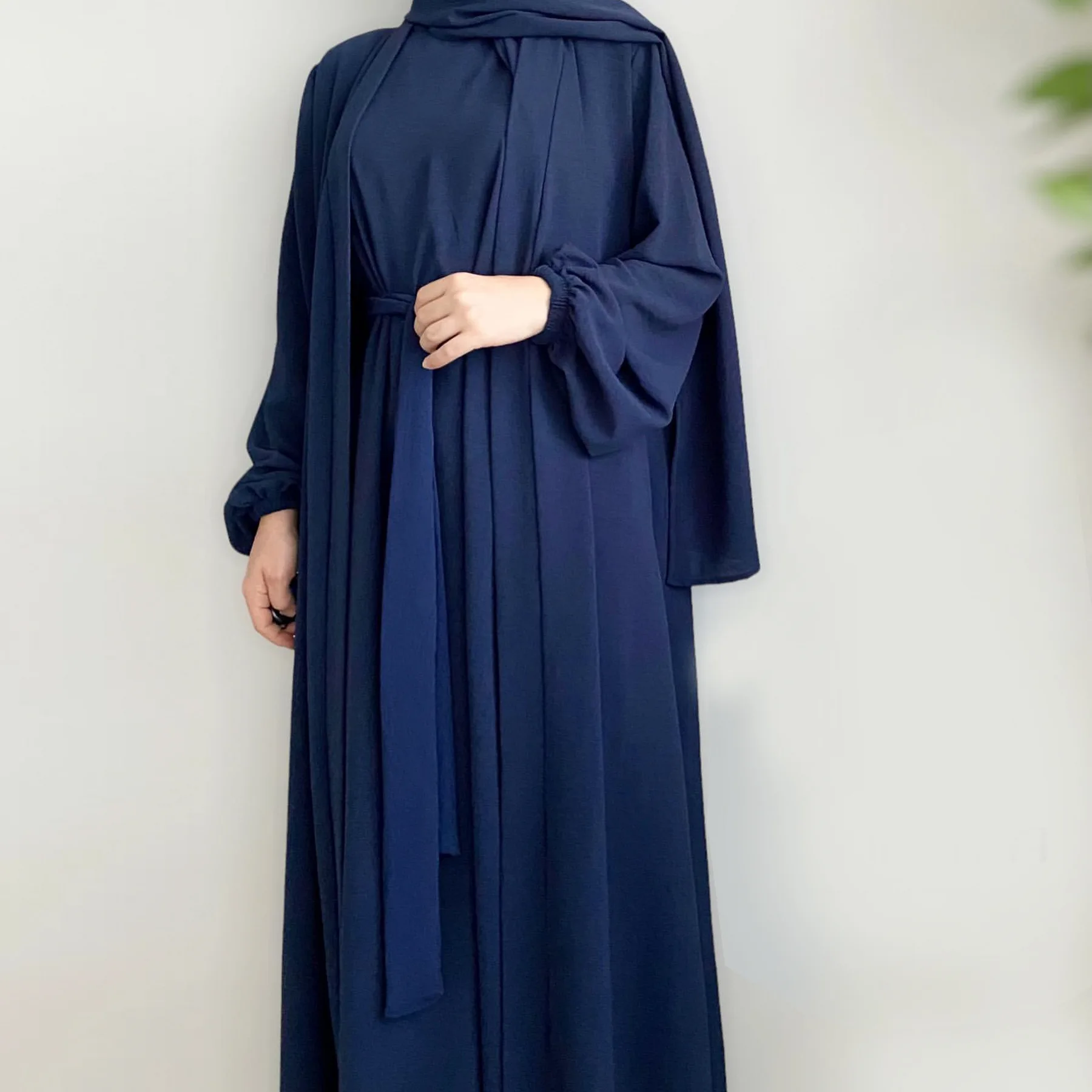 

2 Pieces Muslim Woman Set Abaya Kimono with Sleeveless Inner Dress Plain Matching Outfits Dubai Turkey Modest Islamic Clothing