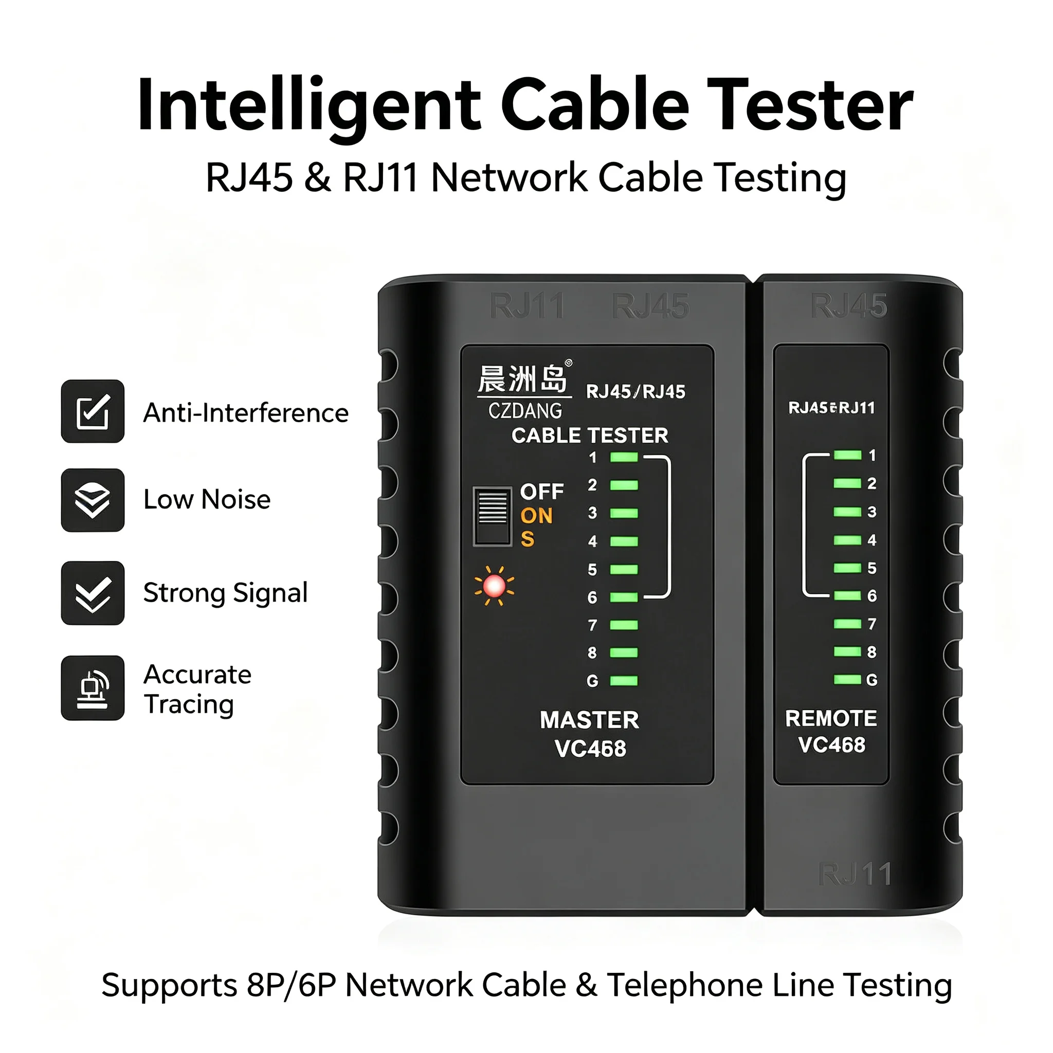 RJ45 RJ11 Cable Tester, Portable Network Cable Tester for 8P8C Ethernet & 6P6C Telephone Line, Continuity Check & Wire Sequence