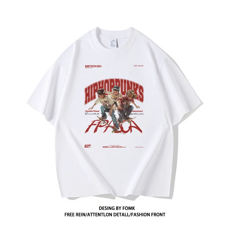 

FOMK Guochao Brand American Skateboard Youth Print Short-sleeved T-shirt Men's Pure Cotton Heavy Loose High Street Crew Neck Top