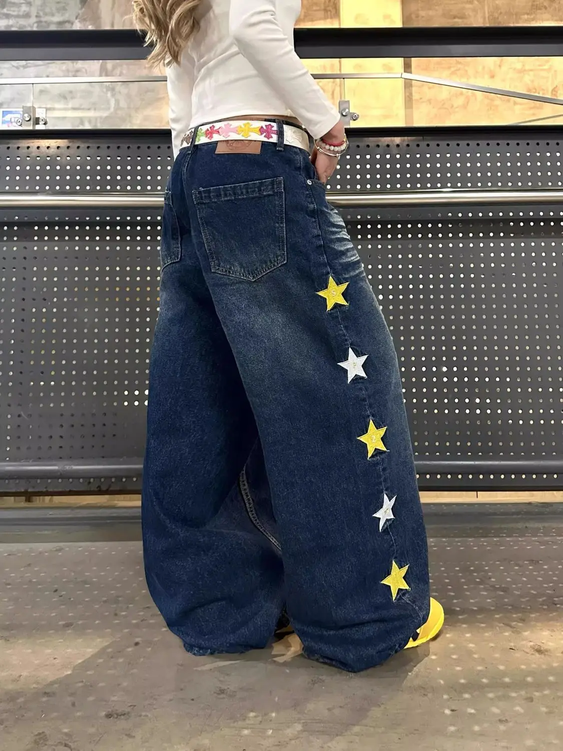 Women's Color-blocking Star Embroidery Jeans Girl Wide Leg Pants Casual Street Bottoms Female High Waist Fashion Trousers
