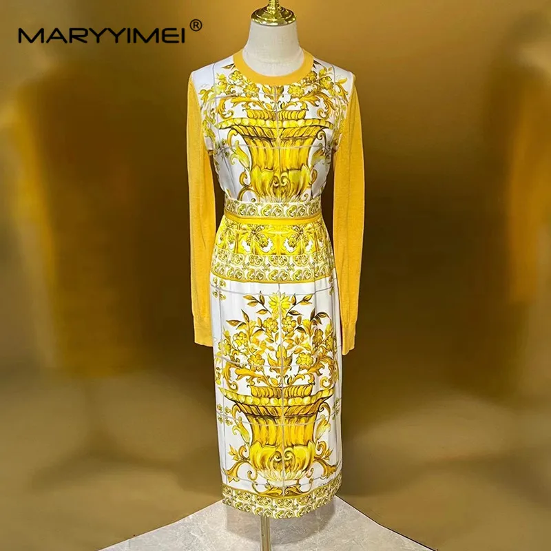 MARYYIMEI Spring Summer Women's Suit Scarf Collar Lantern Sleeved Tops+Slim Wrap Half Skirt Baroque Print silk 2 piece set