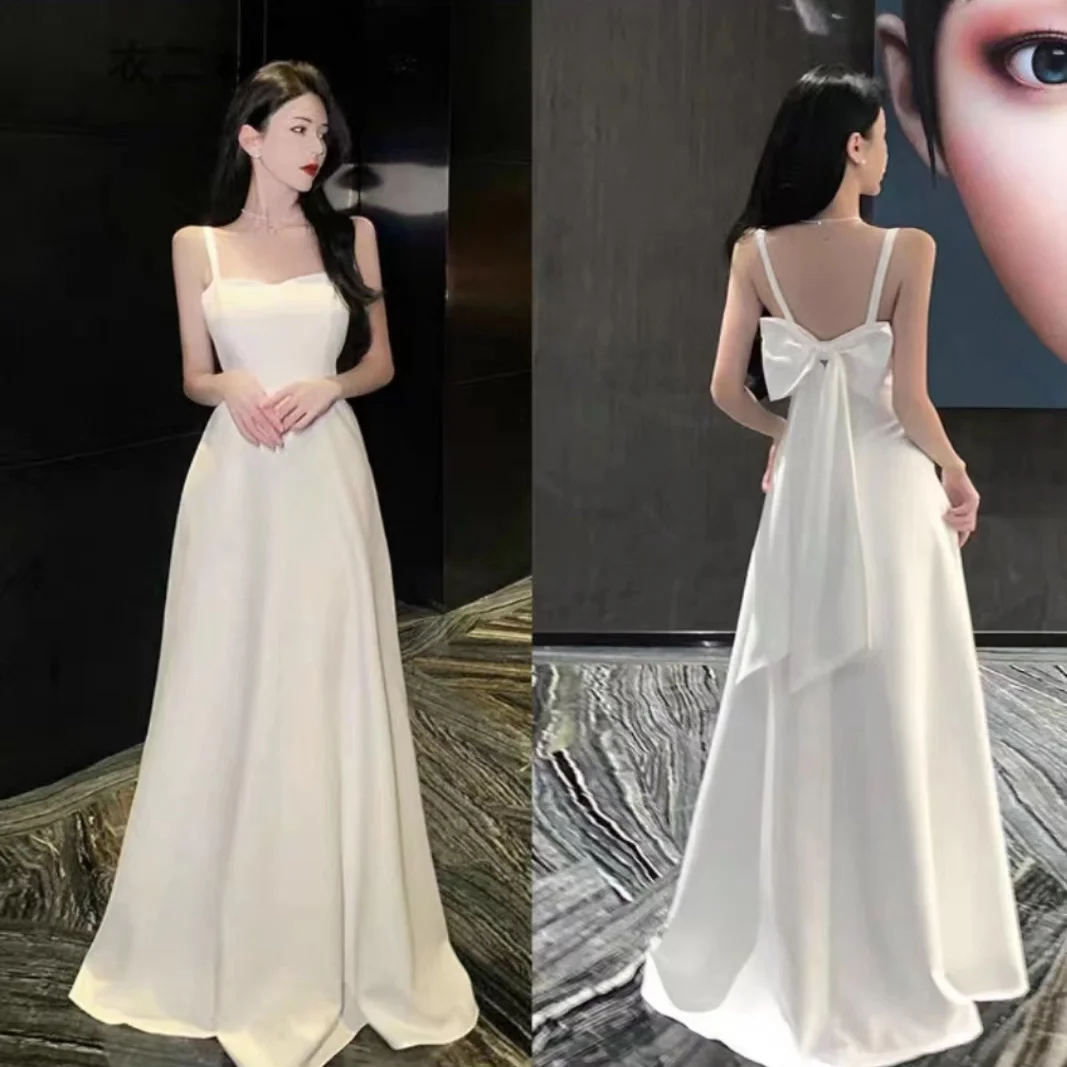 

Korea White Satin Bowtie Long Evening Party Gown Women Pretty & Elegant Draped Sleeveless Floor-length Formal Wedding Dress