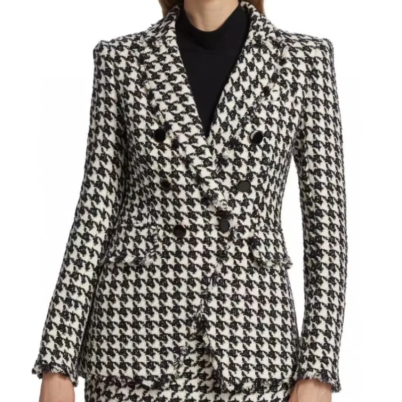 

2024 New Spring High Quality Cotton Houndstooth Tassels Long Sleeve Woman Blazer