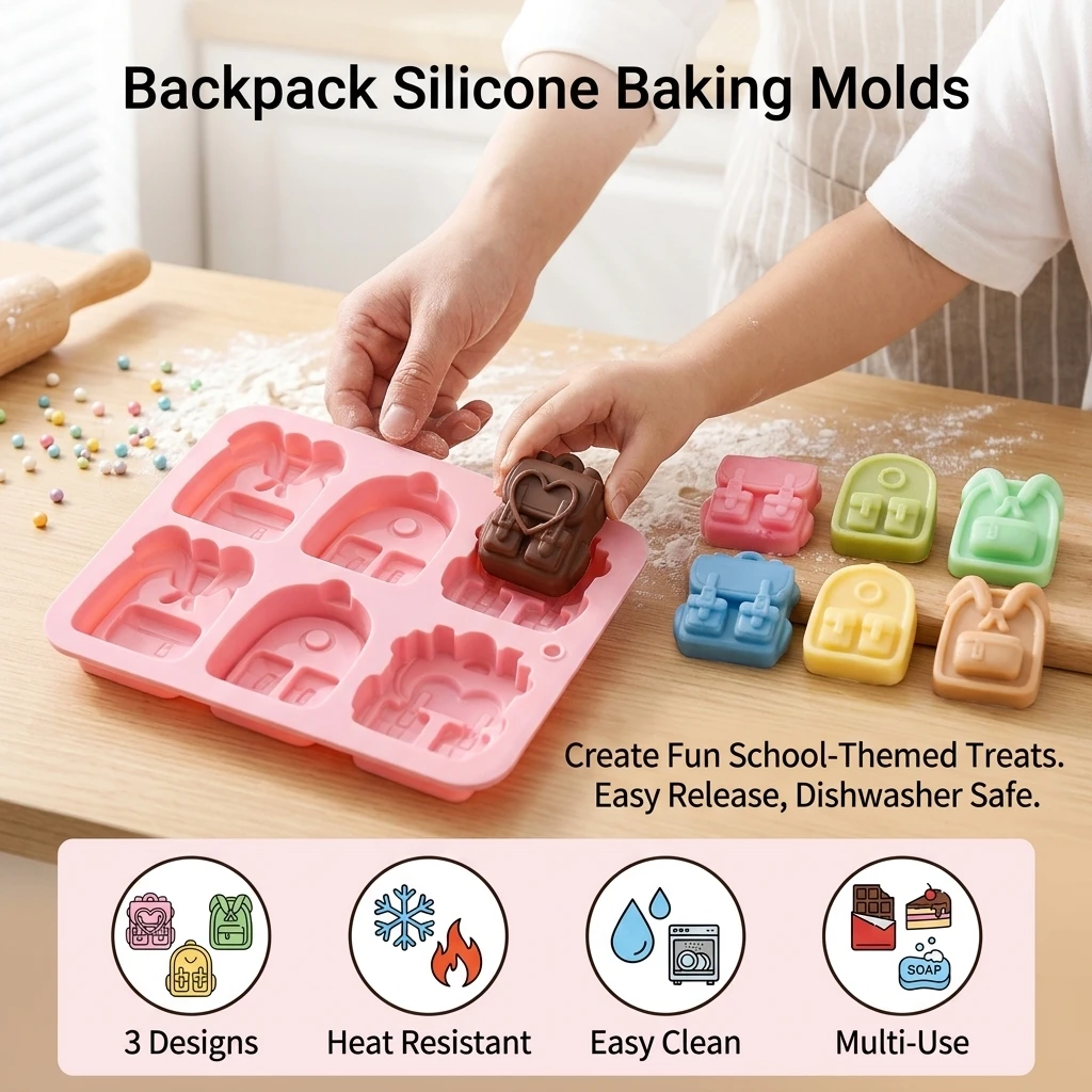 Silicone Mold Cute Backpack Shape for Kids Baking DIY Chocolate Candy Soap Ice Cube Maker Food Grade Easy Release Tool