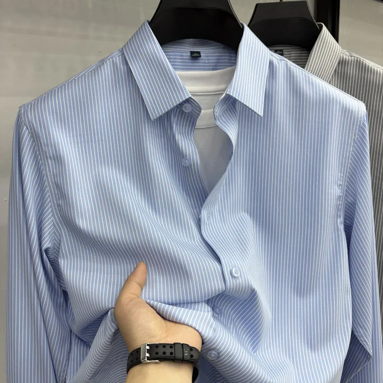 

Commute New Sle Long Sve Silk irt Men's Casual Striped Busin Anti-Wrinkle Ironl irt Stand Fit Modal Fabric