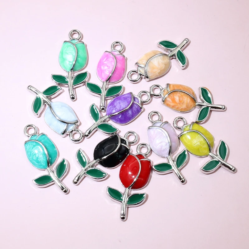 20pcs 21x10mm Enamel Rose Bud Flower Charms Pendant Alloy Metal DIY Jewelry Making Accessories Findings for Necklace Earrings - view 4