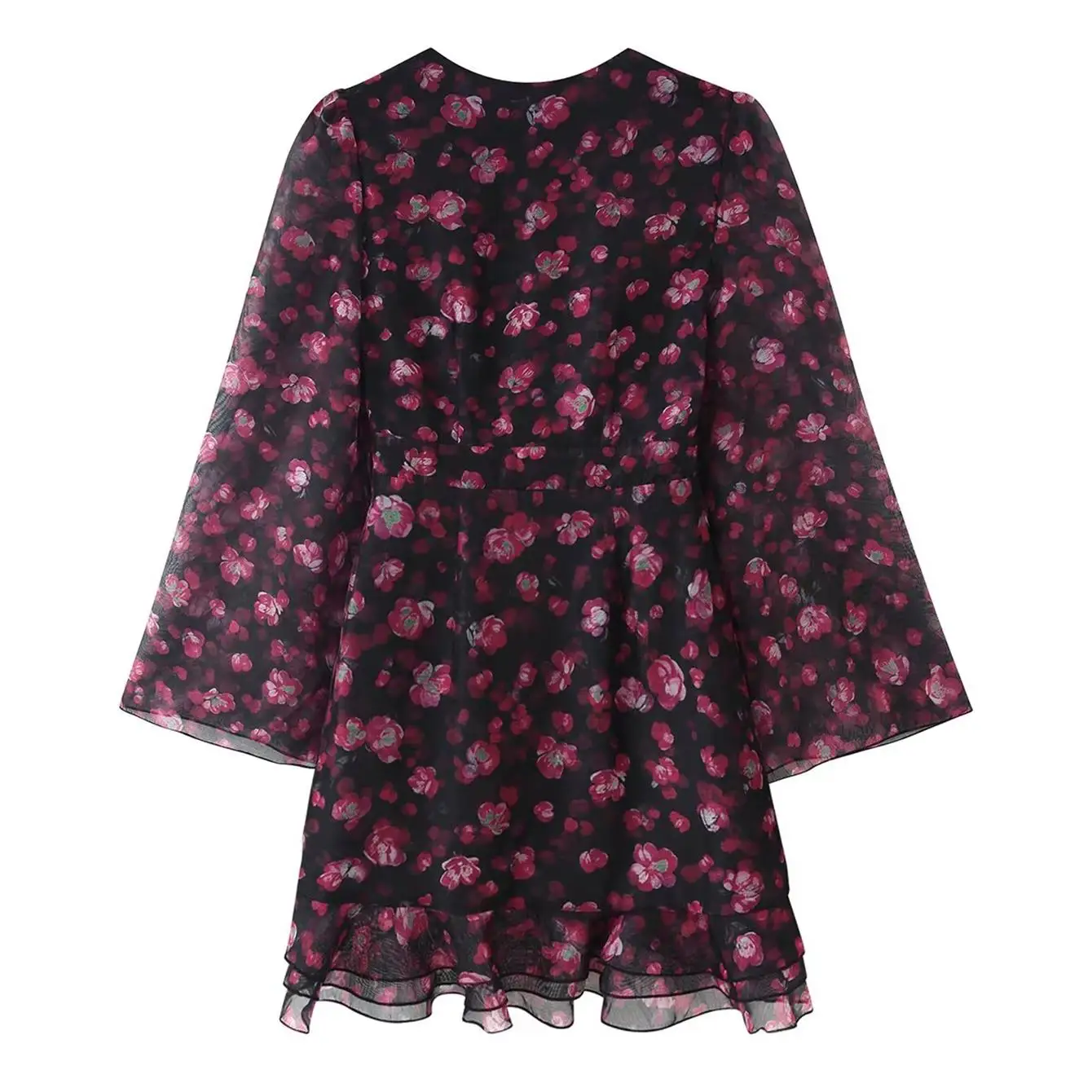 TFMLN Elegantes Damenkleid mit Blumenmuster und Rüschensaum, sexy tiefem V-Ausschnitt, ausgestellten Ärmeln, figurbetontes Minikleid, Sommer 2026 Neuheiten für Damen – Detail 3