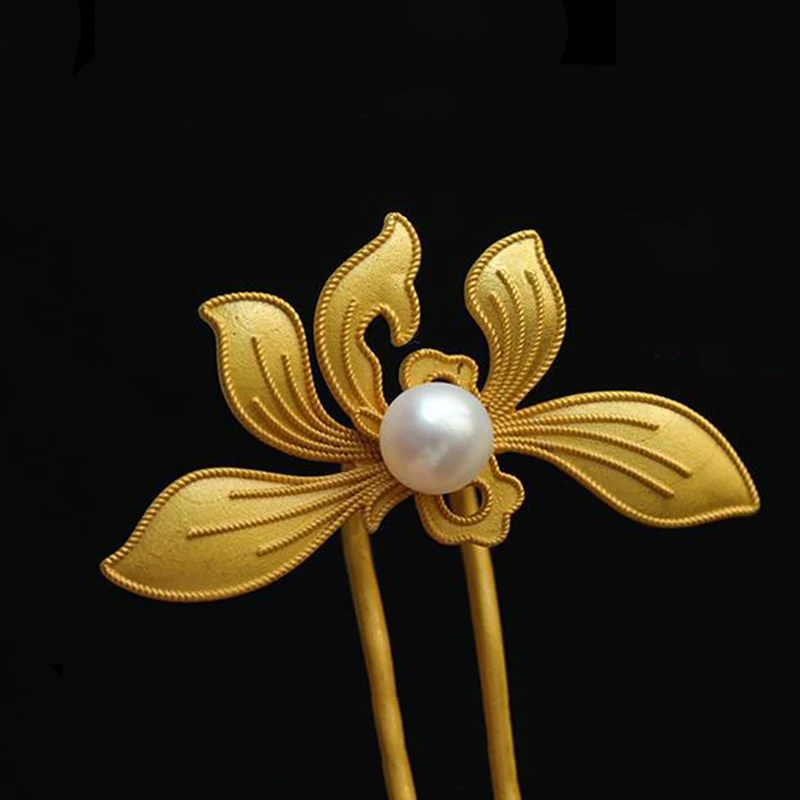 New design art antique inlaid pearl gold orchid hairpin classical temperament ladies jewelry Hanfu silver jewelry