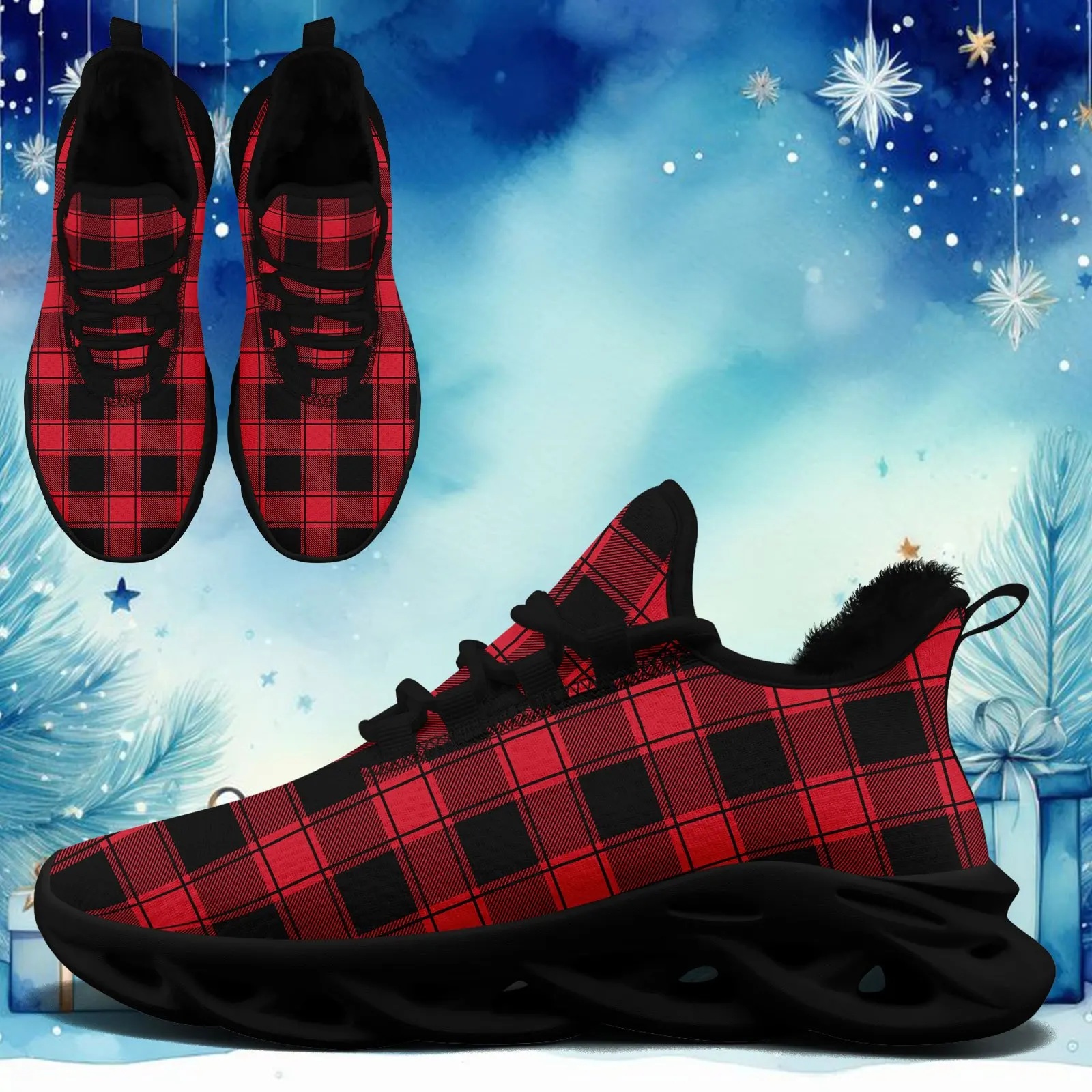 Customization Men'S Christmas Red Black Plaid Fashion Casual Sports Shoes, Trendy Warm Lined Chunky Sole Sneakers, Festive - view 3