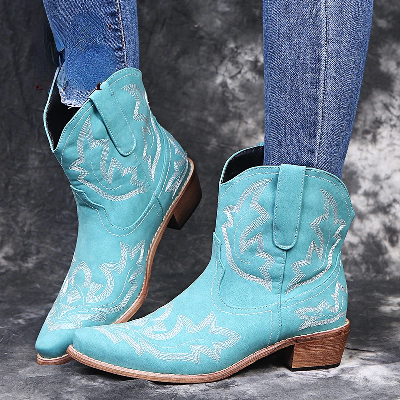2023 Classic Embroidered Western Cowboy Boots for Women Leather Cowgirl Boots Low Heels Shoes Knee High Woman ankle Boots