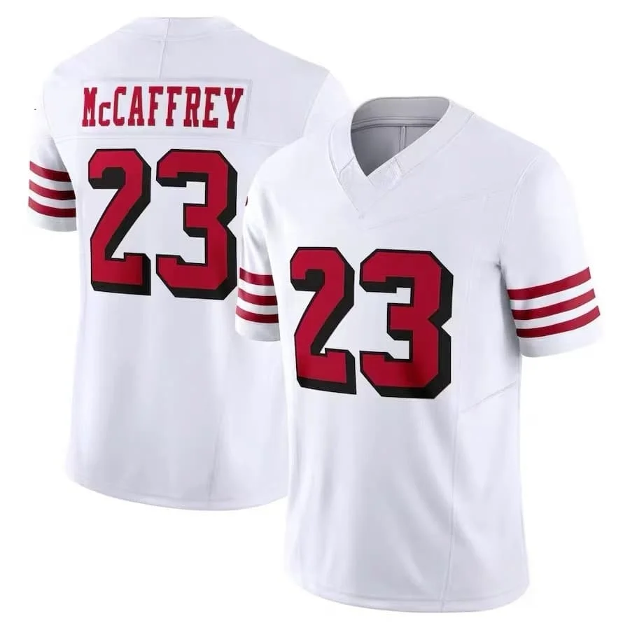 Men #23 McCaffrey Red Home Football Jersey Name Number Three Striped Sleeve V Neck Breathable Athletic Fan Game  Family Matching