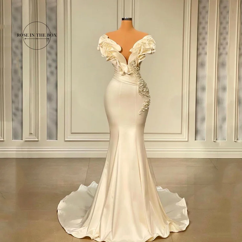 Vestidos De Novia De sirena De diseñador, Vestidos De Novia con cuello en V y cuentas De perlas, Vestidos De Novia elegantes De satén, bata personalizada De Mariée 2024