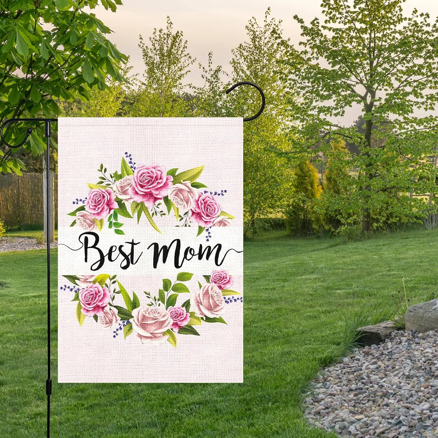 Louise Maelys Happy Mother's Day Wreath Garden Flag 12x18 Double Sided, Burlap Small Vertical Rose Flower Floral Best Mo ZZA SSL