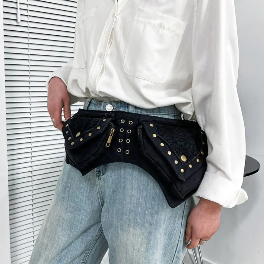 Practical Metal Studded Waist Bag Fabric Multi Pocket Chest Bag Multifunctional Adjustable Belt Bags For Men and Women