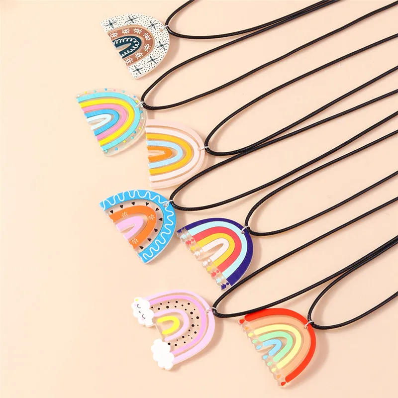 Aihua Colorful Rainbow Necklace for Women Leather Rope Chain Cloud Rainbow Pendant Necklace Cute Summer Beach Jewelry Gifts